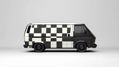 Side view of retro van with black and white checker pattern.