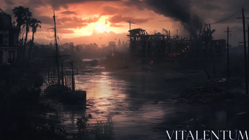 Postwar riverfront ruins under incendiary sunset sky.