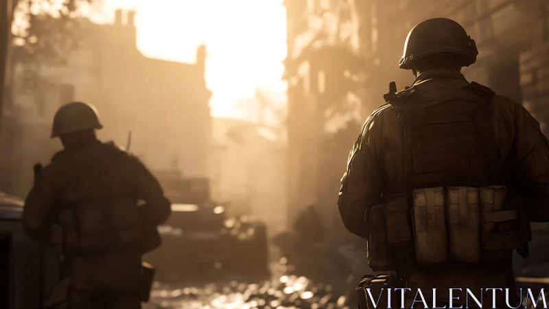 Soldiers advance through sunlit war-torn urban ruins.