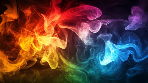 Multicolor volumetric smoke plumes on dark gradient background.