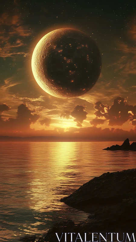 Luminous alien moon rises above tranquil golden seascape.