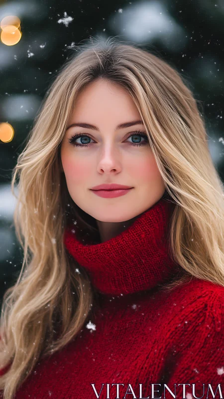 Winter portrait of blonde woman in vivid red sweater.