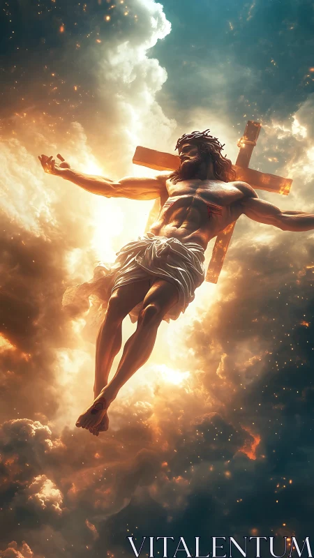 Vertical digital render shows cruciform male figure in clouds