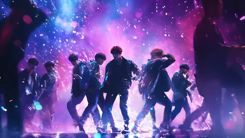 K pop dance group performs on neon lit cosmic stage.