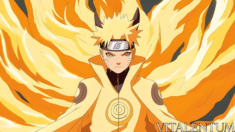 Fiery anime hero stands strong in a glowing chakra storm