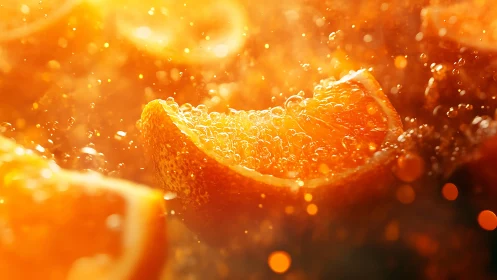 Effervescent orange slices submerged in sparkling liquid.