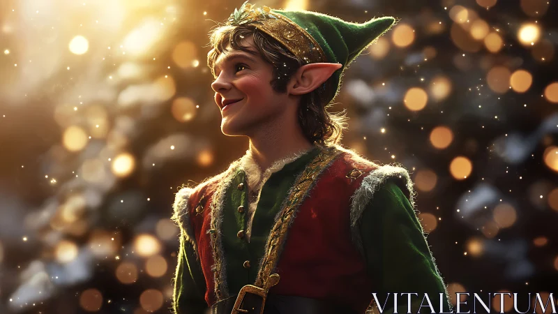 Festive elf portrait under warm golden holiday bokeh glow.