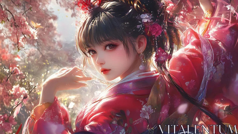 Springtime kimono beauty amid luminous cherry blossoms.