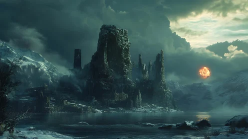 Frozen ruin towers over misty lake under burning sun