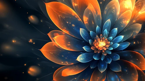 Fractal flower blooms in radiant blue and orange light.