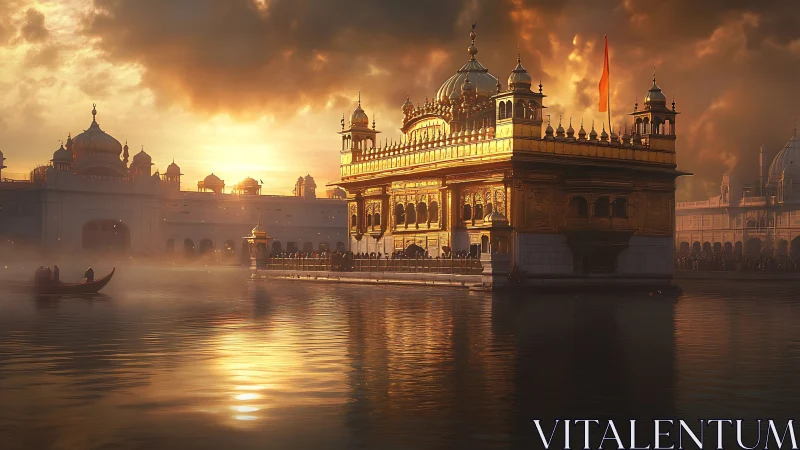 Golden temple reflected in tranquil water at radiant sunset