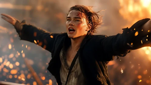 Heroic young survivor reaching through a storm of fire.