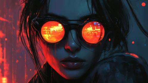 Neon-drenched hacker gazes through molten city goggles.