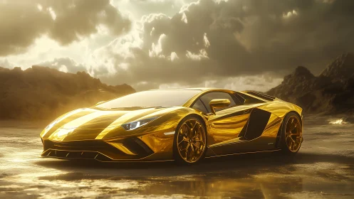 Golden supercar glowing softly under dramatic storm skies.