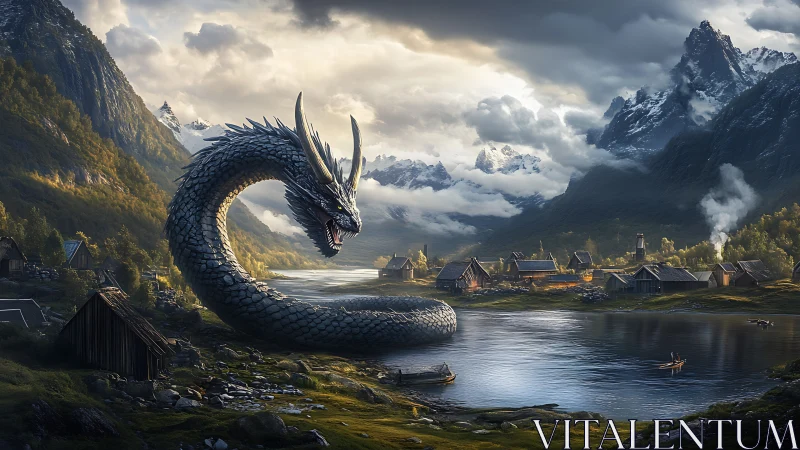 Colossal serpentine dragon over Nordic fjord village at dusk