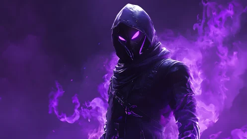 Hooded purple rogue character in glowing smoke portrait.