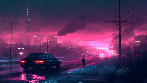 Solitary figure on neon highway facing smog drenched cybercity