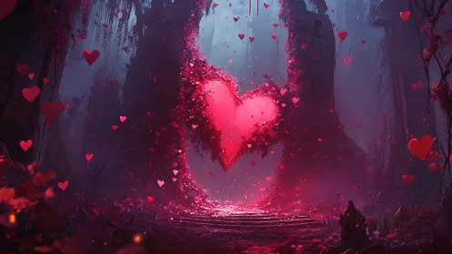 Luminescent heart structure amid architectural ruins and dispersed particles