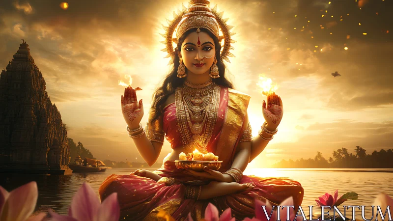 Goddess Lakshmi digital art over river temple sunset.