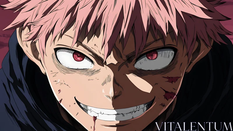 Intense pink haired anime fighter with sinister grin.