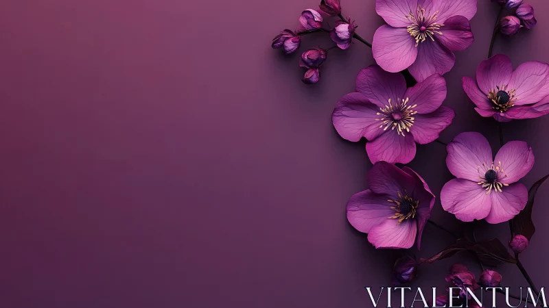 Magenta Cosmos Flowers Against Monochromatic Purple Backdrop.