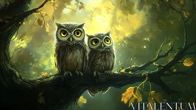 Two Cute Owls on a Tree Branch in a Magical Forest Painting.