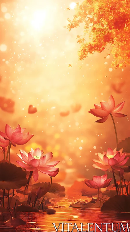 Sunlit lotus pond glowing in dreamy golden mist.