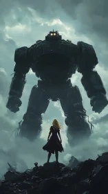Lone figure confronts towering war robot in stormy ruins.