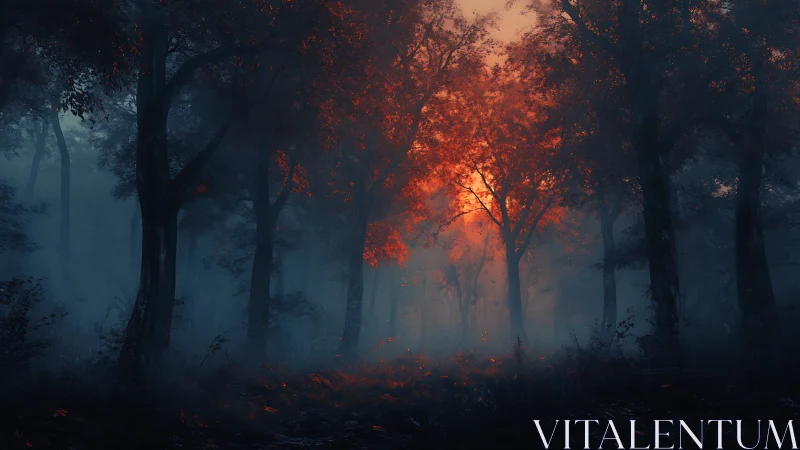 Mystical Forest Ablaze with Autumnal Fire and Mist.