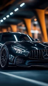 Black sports coupe under urban tunnel lights at night.
