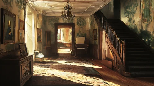 Sunlit abandoned manor hall showing decayed plaster and worn wood