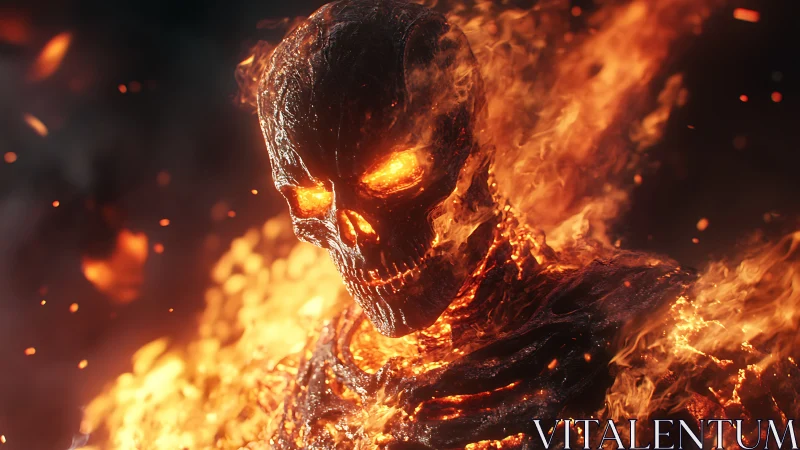 Photorealistic flaming skull entity in infernal close-up portrait.