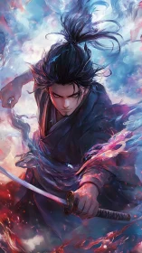 Samurai warrior lunges through swirling chromatic clouds.