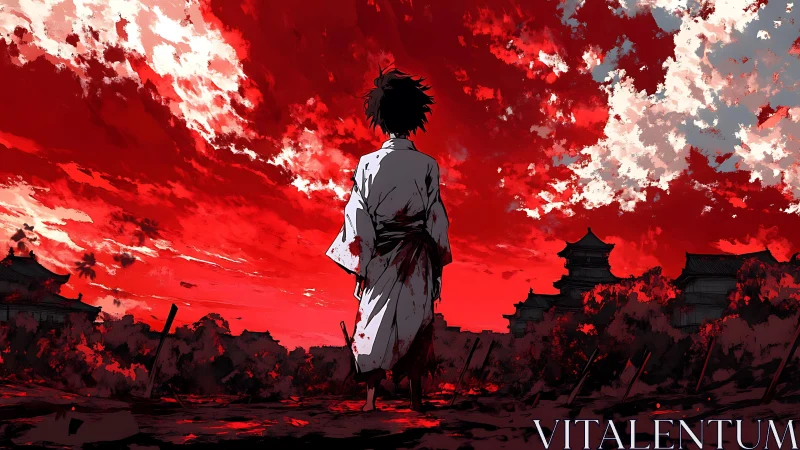 Lone figure in kimono before red sky and distant citadels.