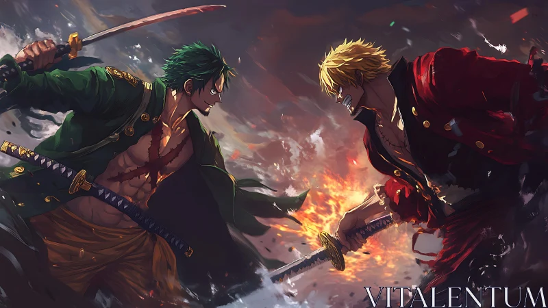 Sword-wielding rivals clashing amid dynamic fiery storm.