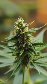 Mature cannabis bud close-up with dense green trichomes.