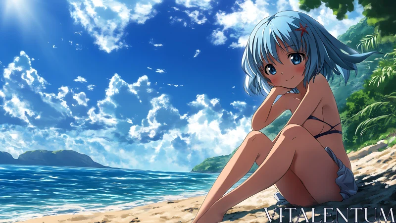 Sunny shore daydream with a relaxed blue haired beach girl