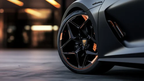 Sleek sports car wheel glows against an urban night backdrop