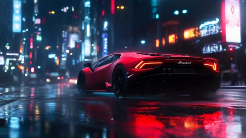 Red sports car on wet neon city street at night in rain.