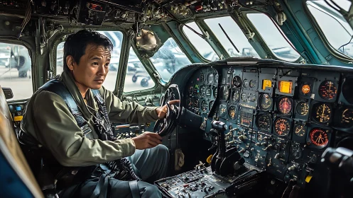 Pilot seated in classic analog aircraft cockpit interior.