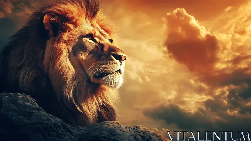Majestic lion profile under blazing cinematic sunset sky.
