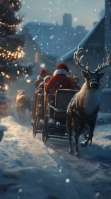 Snowy Christmas sleigh ride through a twinkling village.