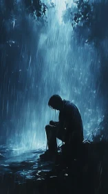 Quiet soul pauses in the rain, finding comfort in solitude