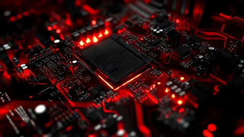Red-illuminated CPU socket on dense digital motherboard circuit