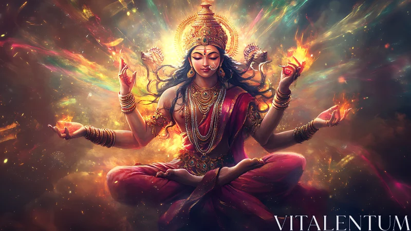 Radiant multi-armed deity in fiery chromatic energy field