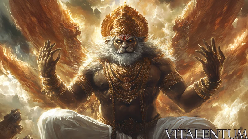 Divine leonine deity rendered in high detail with radiant volumetric clouds