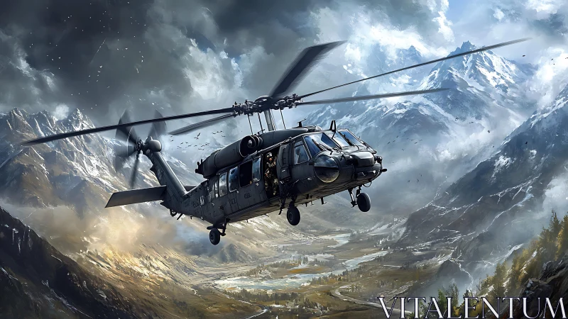 Military helicopter skims dramatic snow-capped mountain valley.
