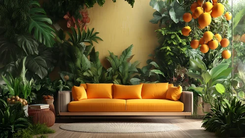 Citrus-toned sofa in dense biophilic interior jungle scene.
