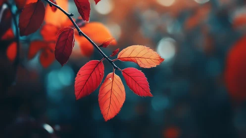 Branch with red leaves against blurred cool-toned background.