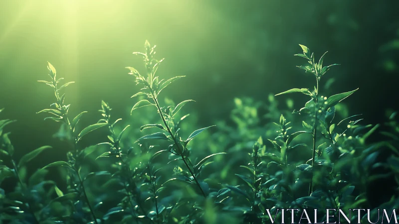 Lush green plants in soft morning sunlight, dreamy nature scene.